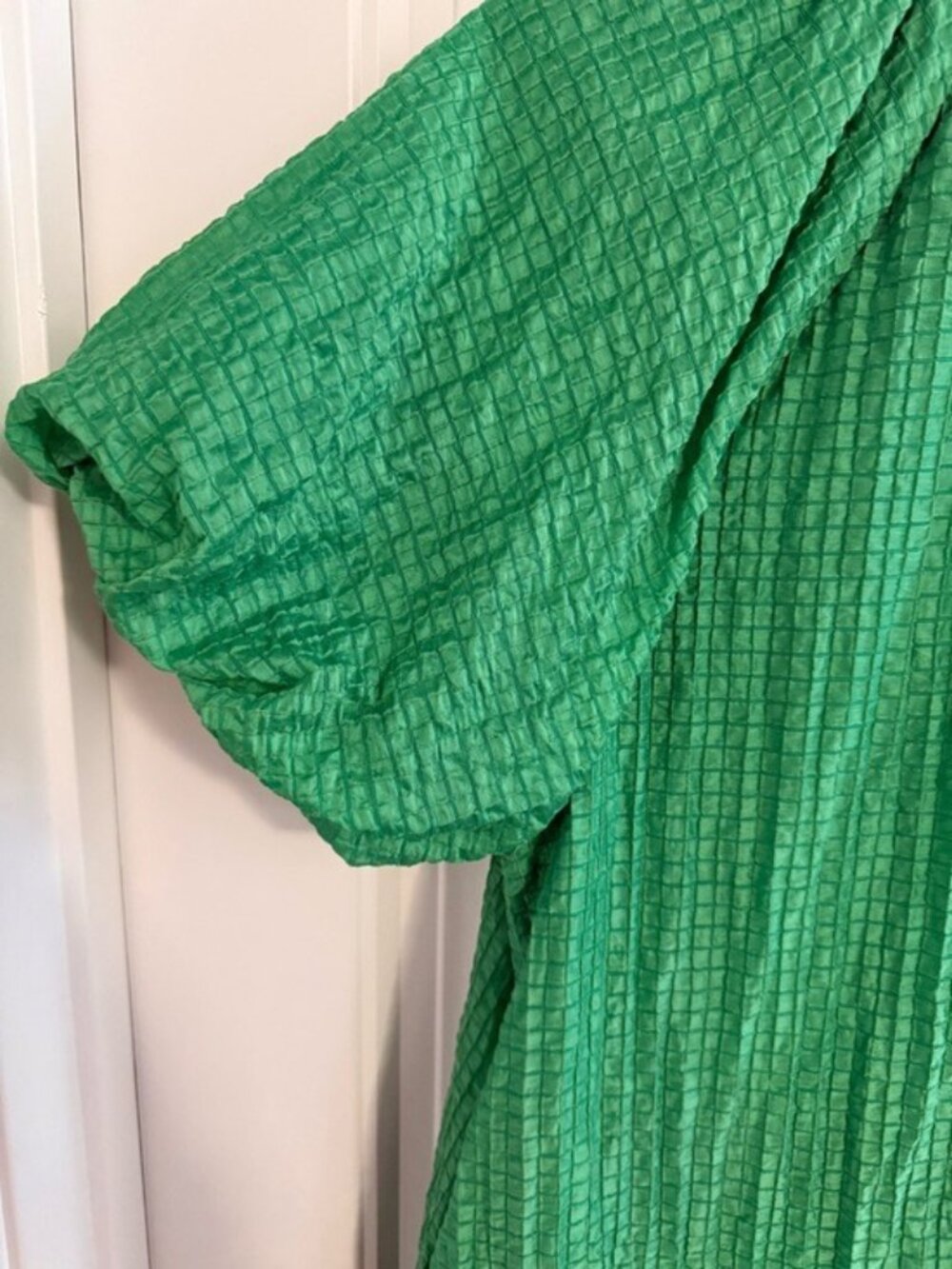 THML Green Textured Mini Dress Small Tie Neck Puff Sleeve Tier Boho Cottagecore - Picture 6 of 12